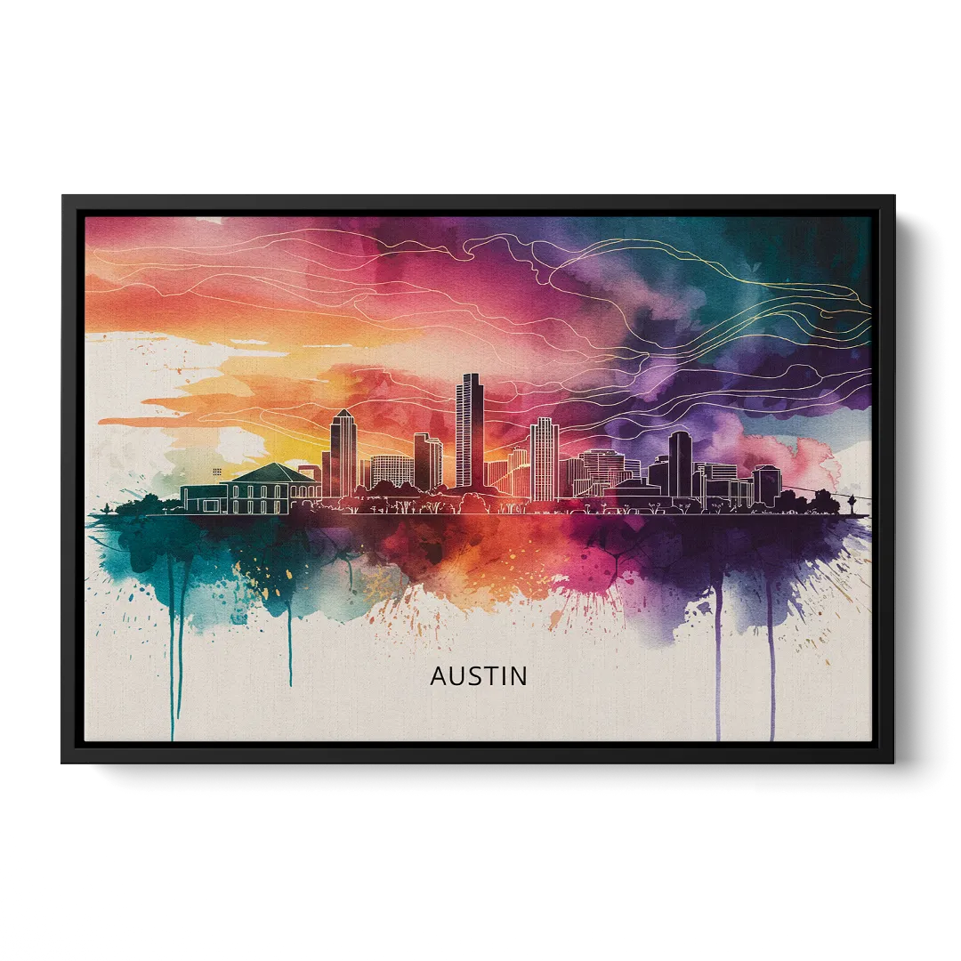 Austin Skyline Sunset Art Front - Black Canvas Wall Art