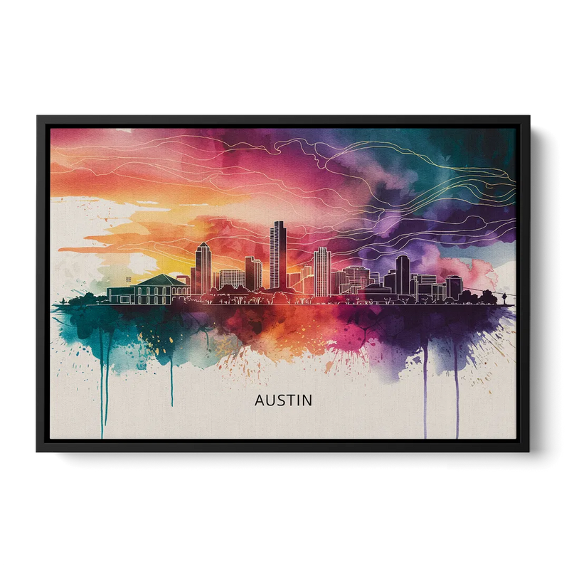 Austin Skyline Sunset Art Front - Black Canvas Wall Art
