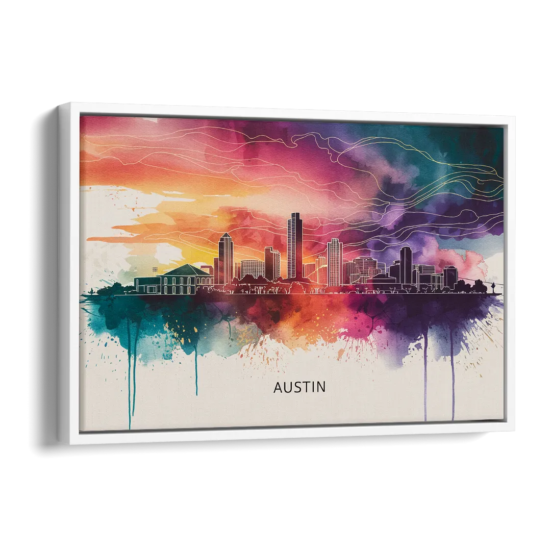 Austin Skyline Sunset Art Side - White Canvas Wall Art