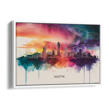 Austin Skyline Sunset Art Side - White Canvas Wall Art