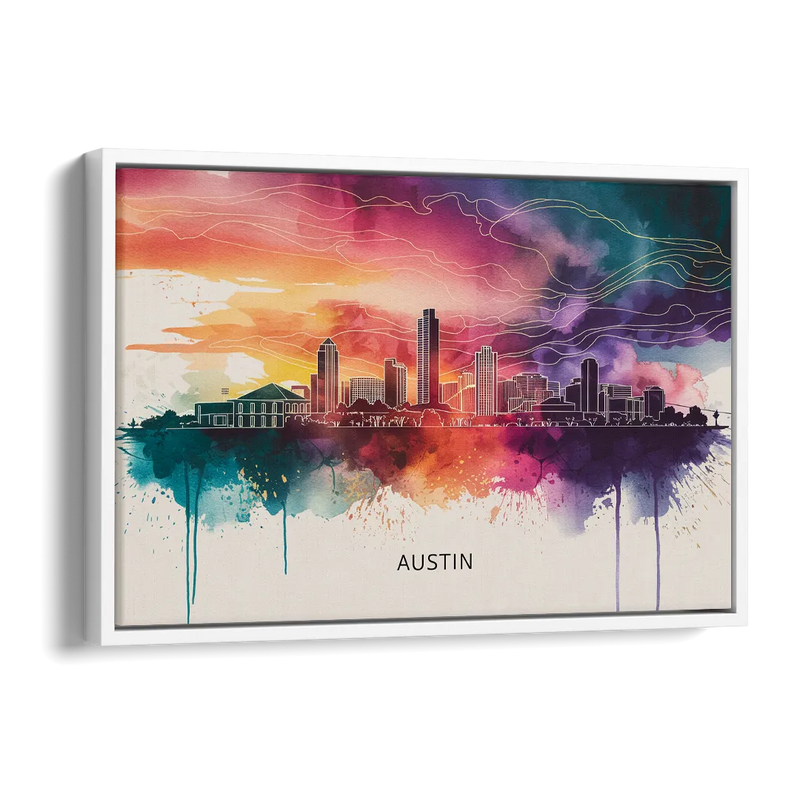 Austin Skyline Sunset Art Side - White Canvas Wall Art