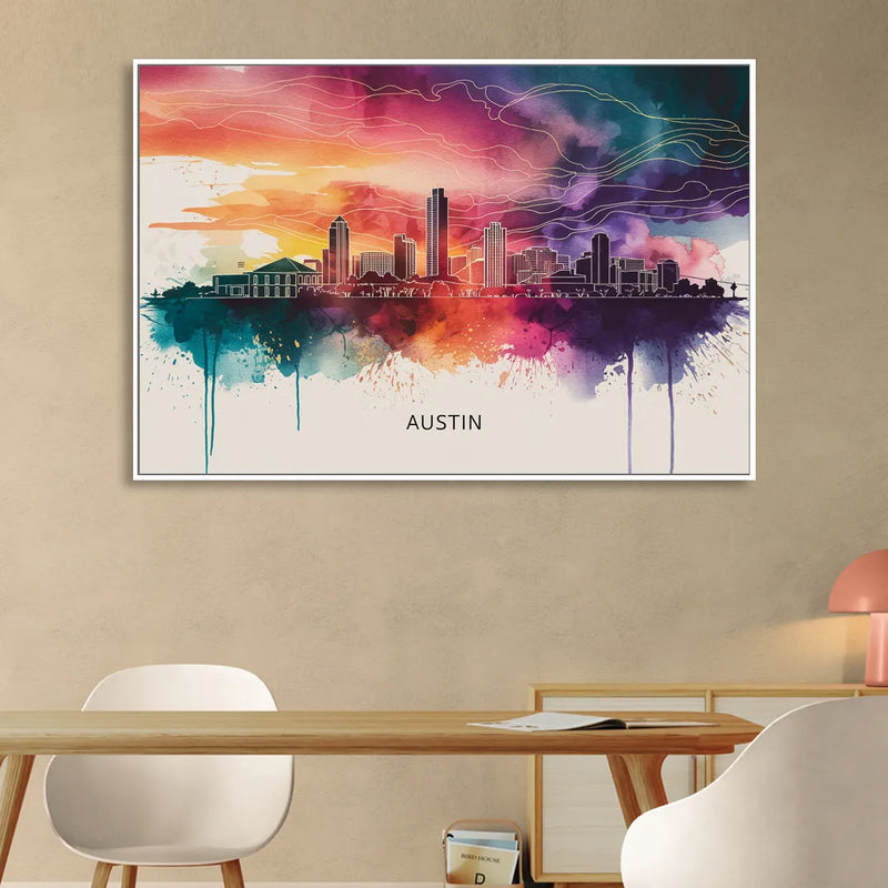 Austin Skyline Sunset Art Sitting Room - White Canvas Wall Art