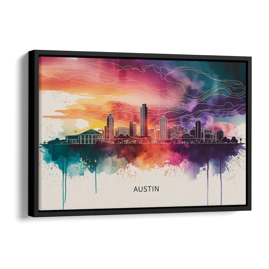 Austin Skyline Sunset Art Side - Black Canvas Wall Art
