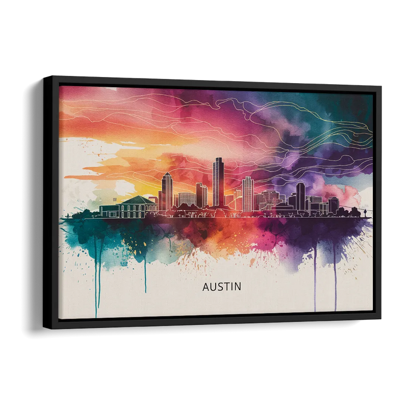 Austin Skyline Sunset Art Side - Black Canvas Wall Art