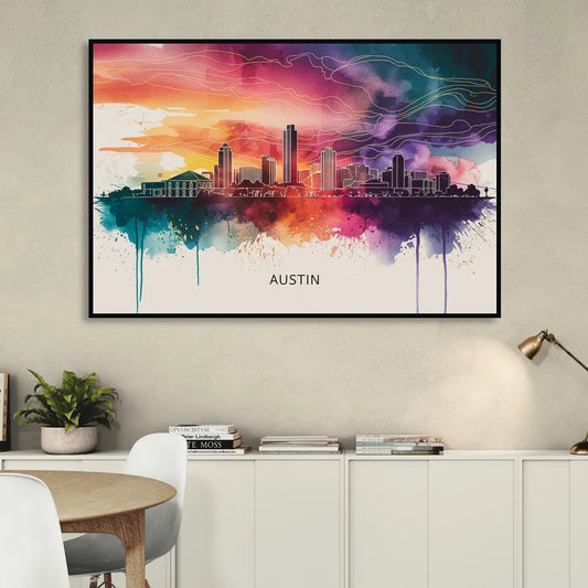 Austin Skyline Sunset Art Living Room - Black Canvas Wall Art