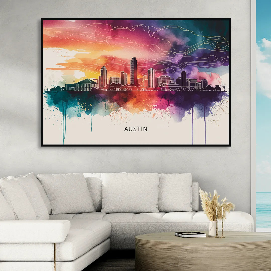 Austin Skyline Sunset Art Sitting Room - Black Canvas Wall Art