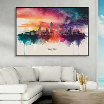 Austin Skyline Sunset Art Sitting Room - Black Canvas Wall Art
