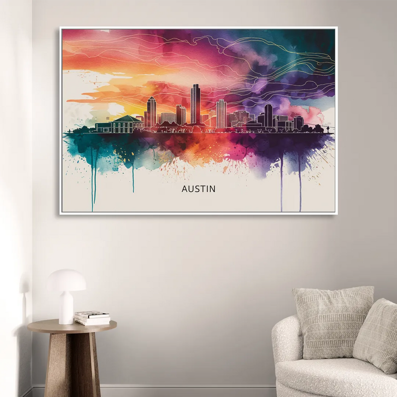 Austin Skyline Sunset Art Living Room - White Canvas Wall Art