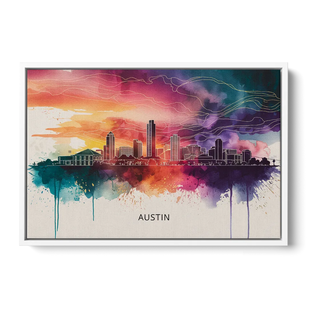 Austin Skyline Sunset Art Front - White Canvas Wall Art