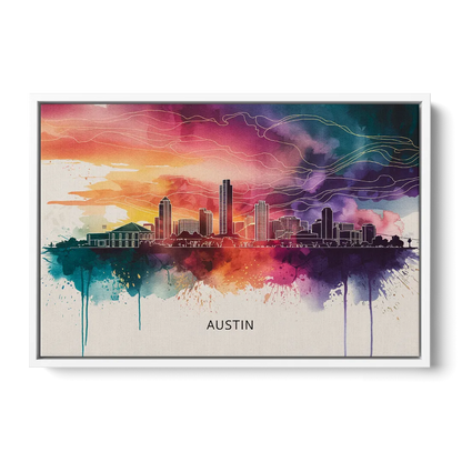 Austin Skyline Sunset Art Front - White Canvas Wall Art