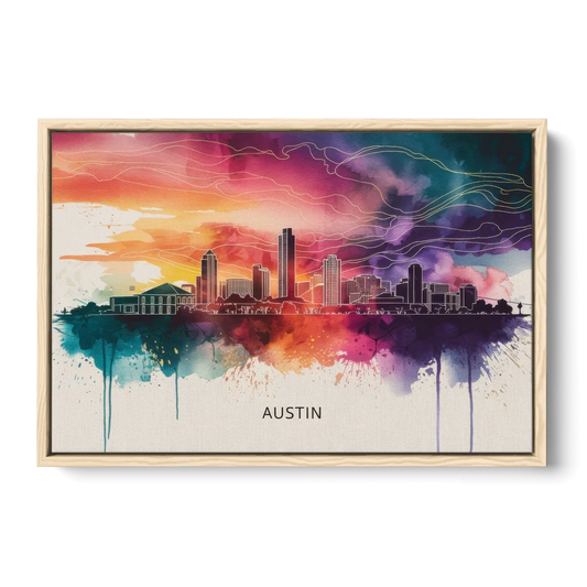 Austin Skyline Sunset Art - Oak Framed Canvas Wall Art - Front