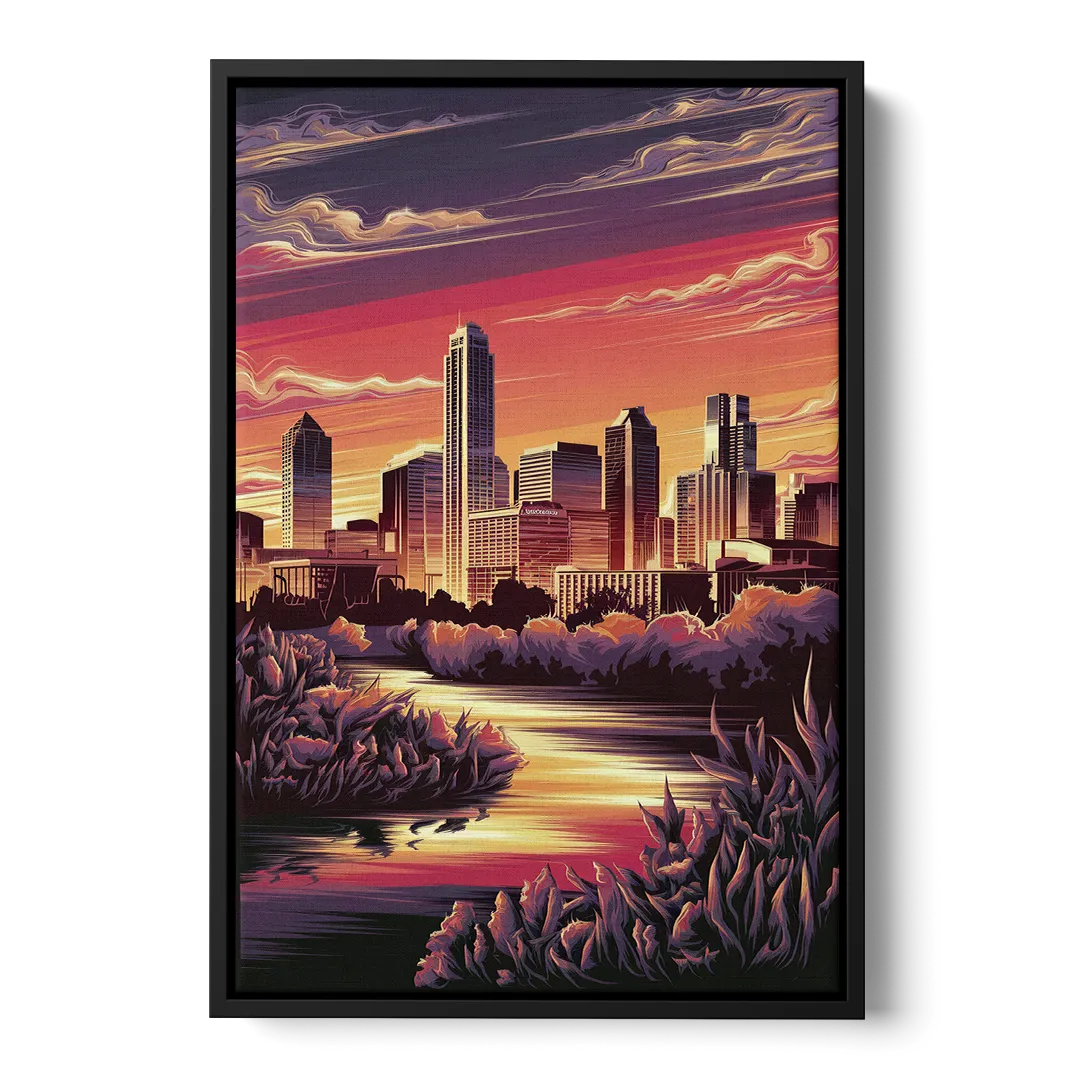 Austin Skyline Sunset Front - Black Canvas Wall Art
