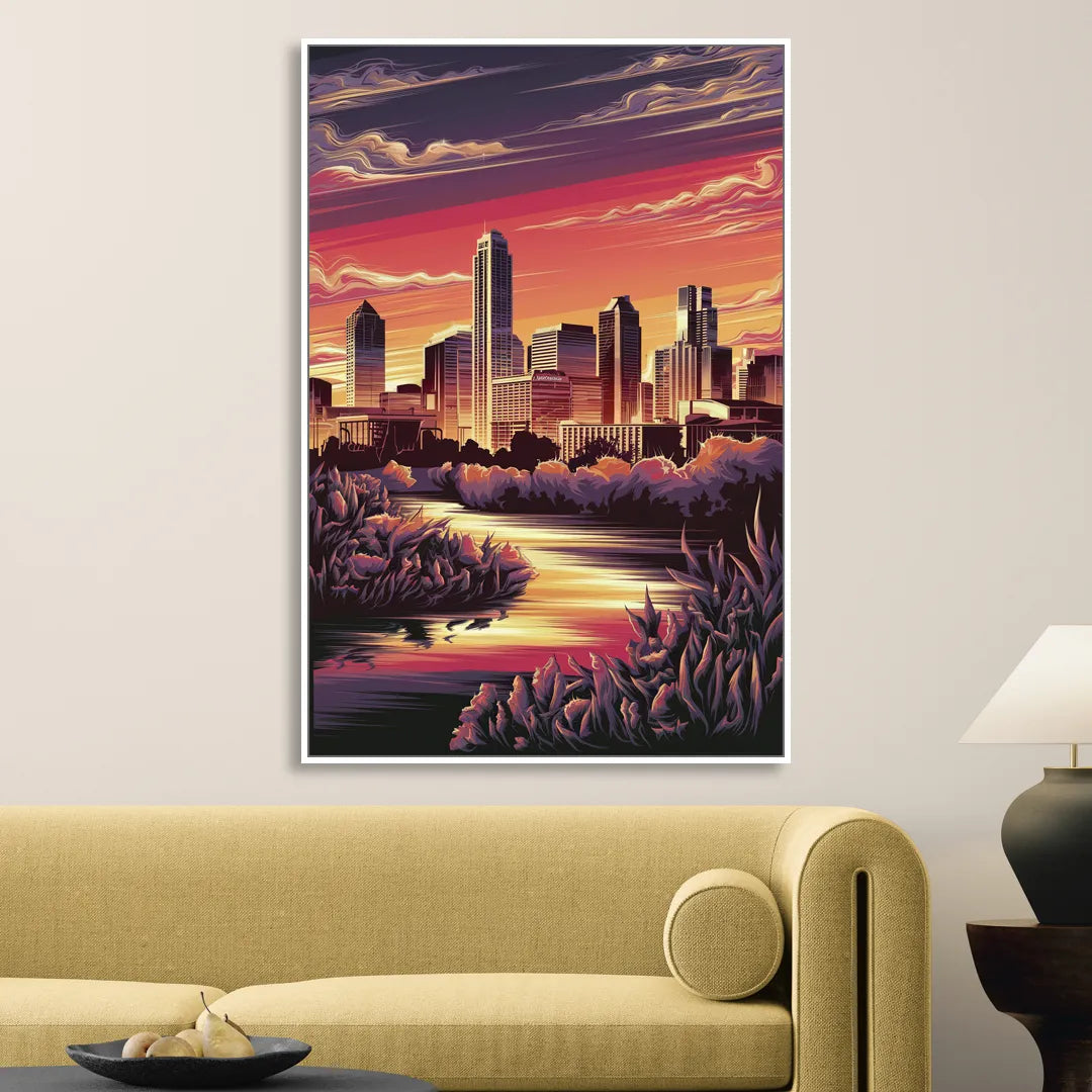 Austin Skyline Sunset Living Room - White Canvas Wall Art