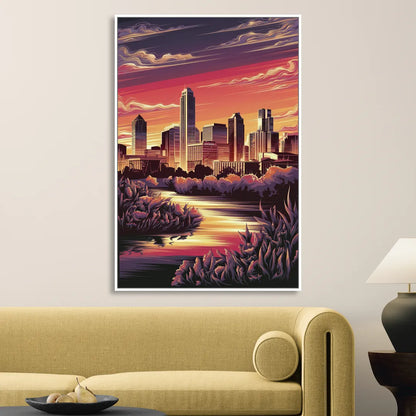 Austin Skyline Sunset Living Room - White Canvas Wall Art