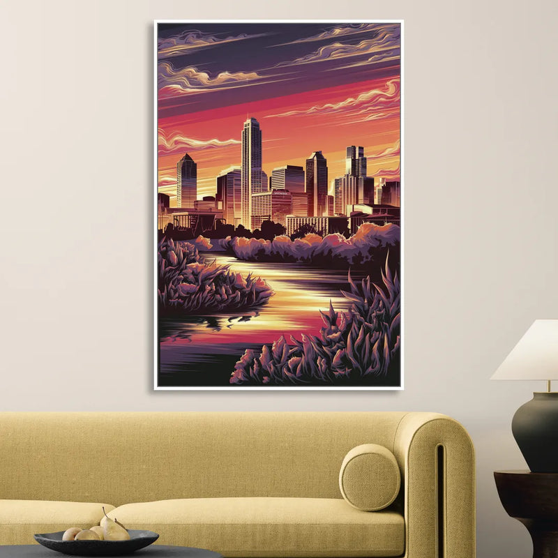 Austin Skyline Sunset Living Room - White Canvas Wall Art