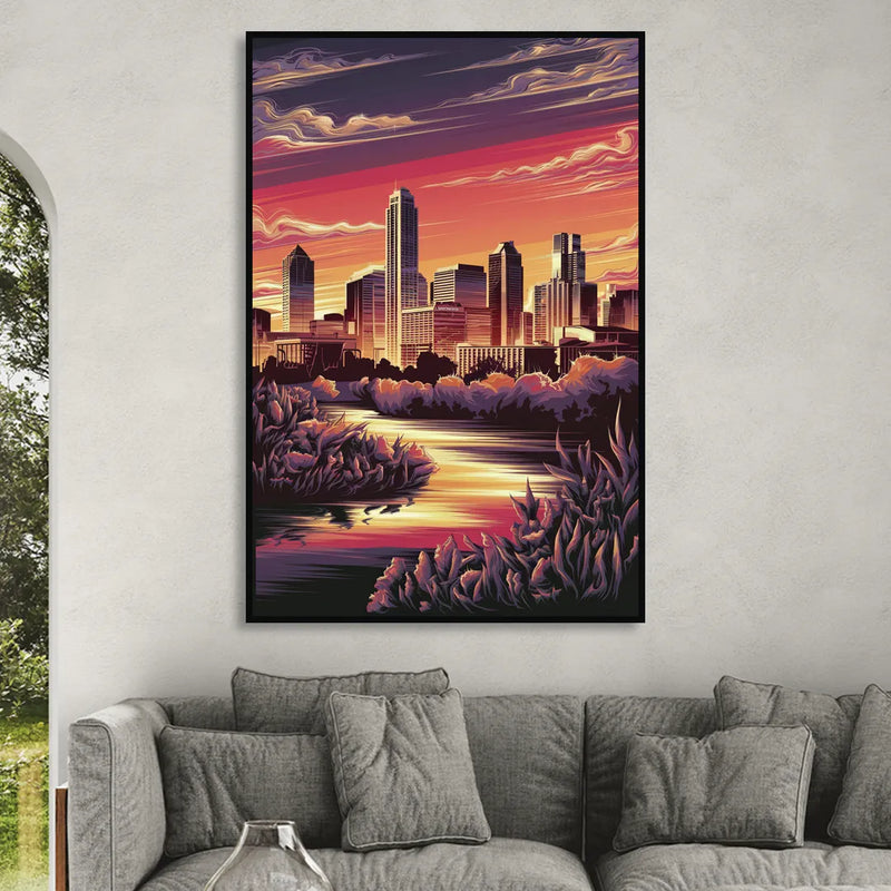 Austin Skyline Sunset Living Room - Black Canvas Wall Art