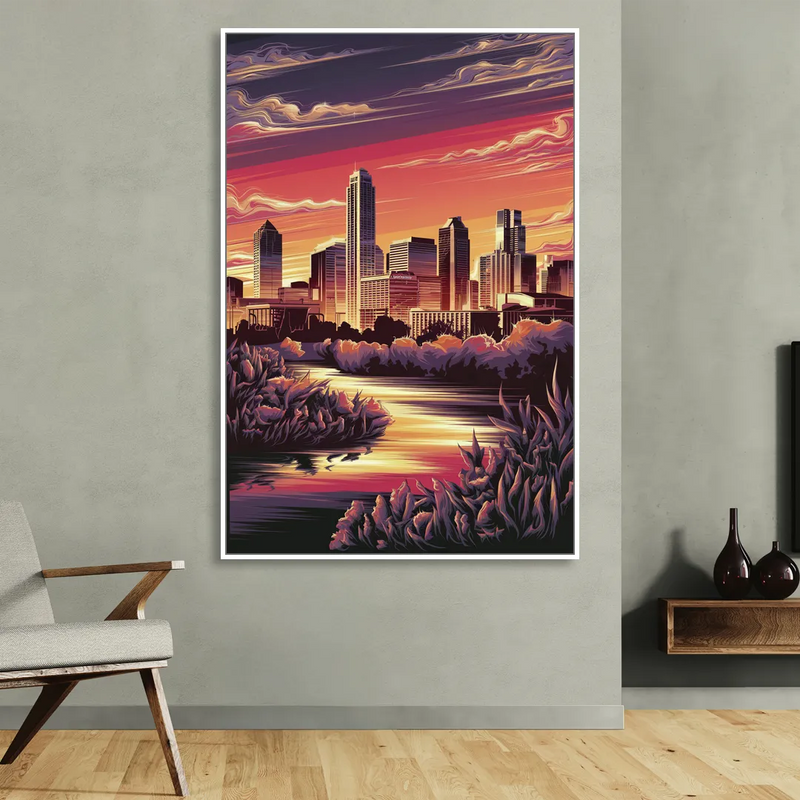 Austin Skyline Sunset Sitting Room - White Canvas Wall Art