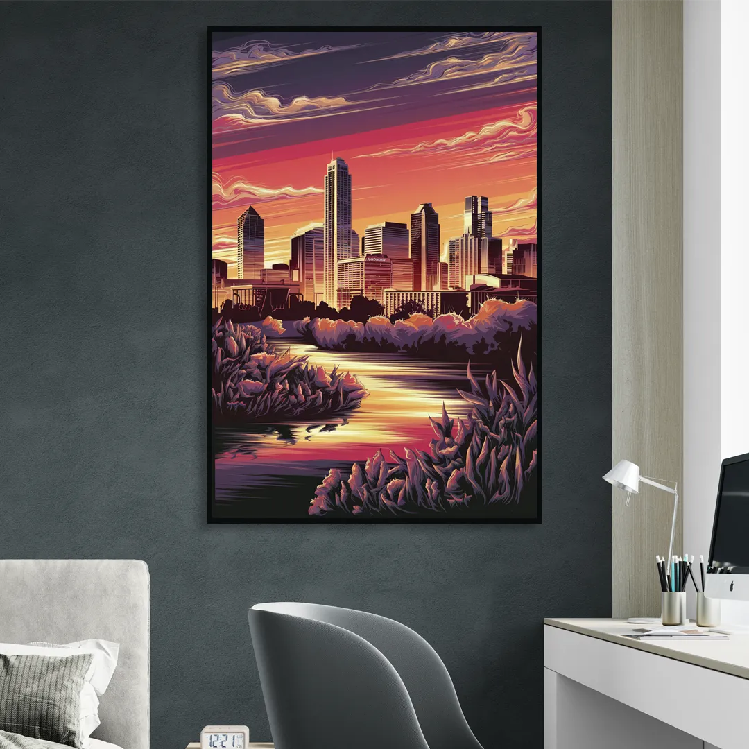 Austin Skyline Sunset Sitting Room - Black Canvas Wall Art