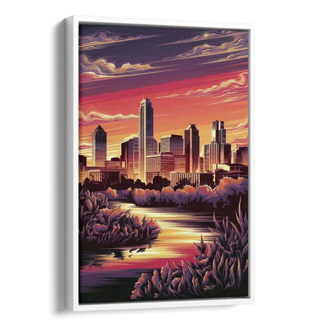 Austin Skyline Sunset Side - White Canvas Wall Art