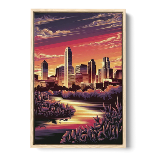 Austin Skyline Sunset - Oak Framed Canvas Wall Art - Front