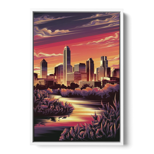 Austin Skyline Sunset - White Framed Canvas Wall Art - Front