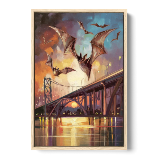 Austin Soaring Bats Scene - Oak Framed Canvas Wall Art - Front