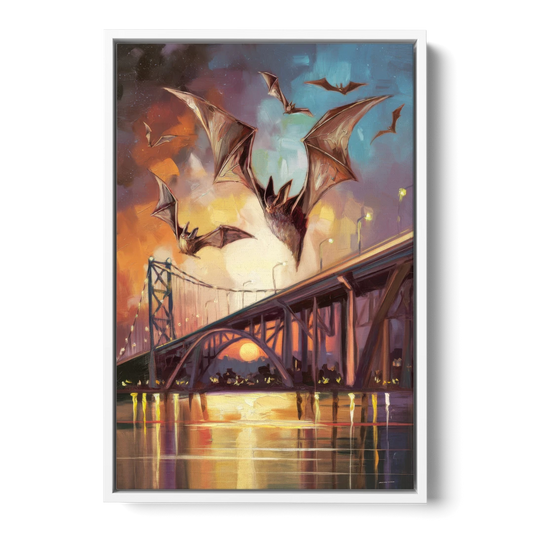 Austin Soaring Bats Scene - White Framed Canvas Wall Art - Front