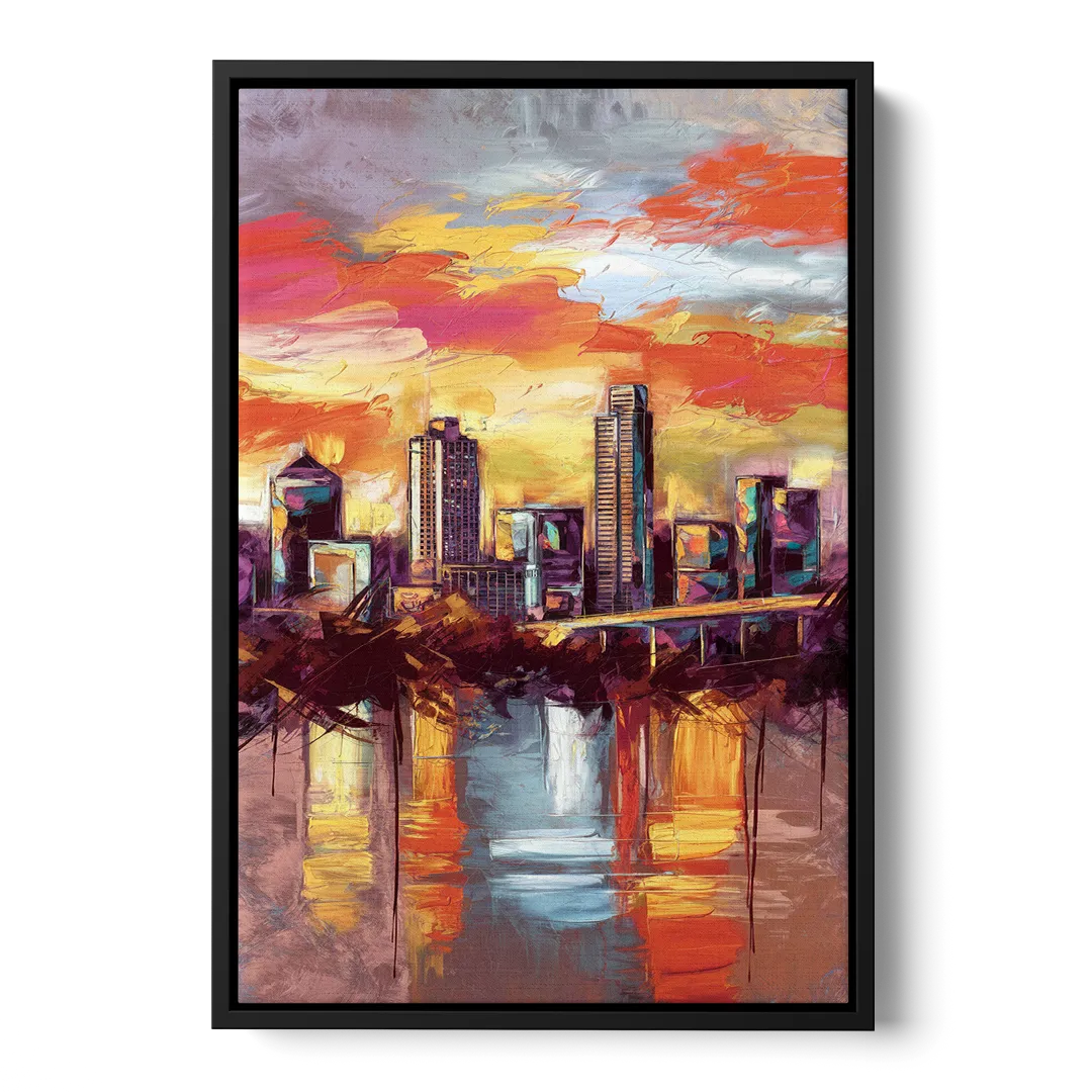 Austin Sunset Over Skyline Front - Black Canvas Wall Art