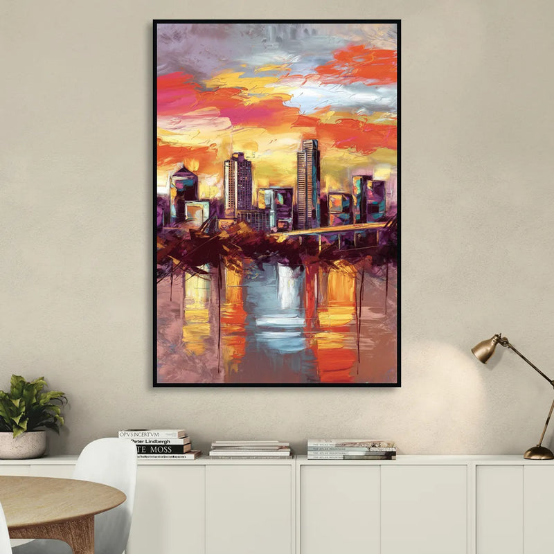 Austin Sunset Over Skyline Living Room - Black Canvas Wall Art
