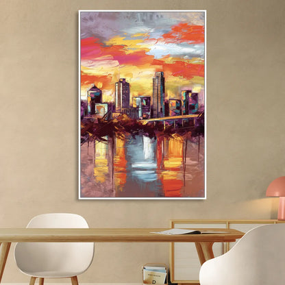 Austin Sunset Over Skyline Sitting Room - White Canvas Wall Art