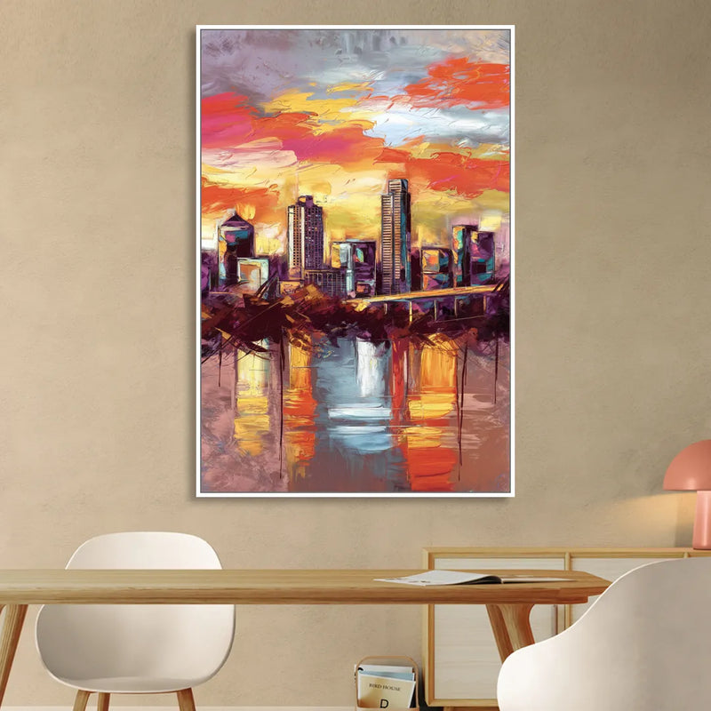 Austin Sunset Over Skyline Sitting Room - White Canvas Wall Art