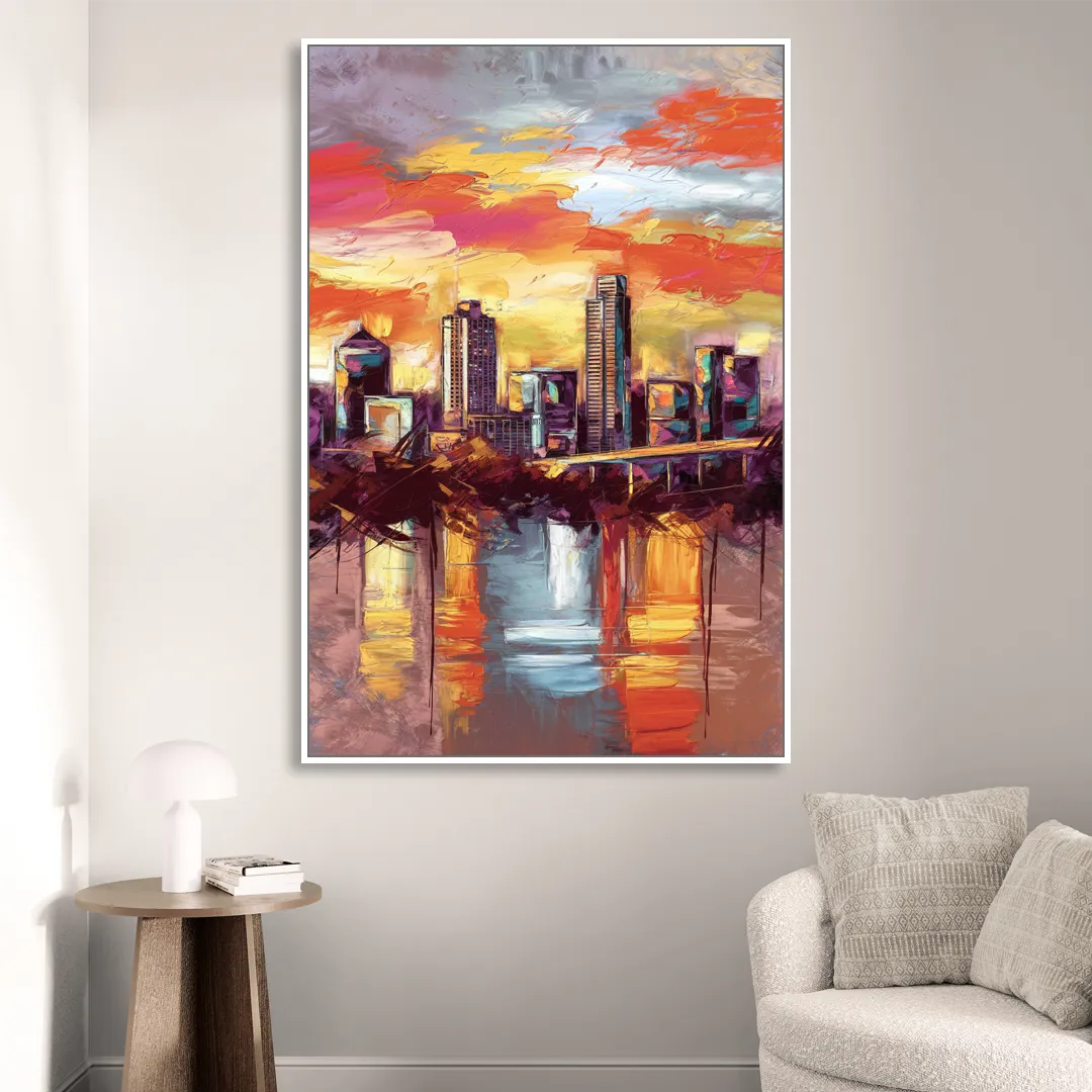 Austin Sunset Over Skyline Living Room - White Canvas Wall Art