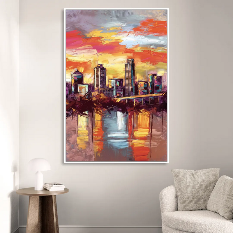 Austin Sunset Over Skyline Living Room - White Canvas Wall Art