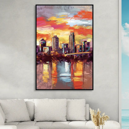 Austin Sunset Over Skyline Sitting Room - Black Canvas Wall Art