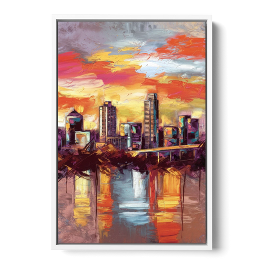 Austin Sunset Over Skyline - White Framed Canvas Wall Art - Front