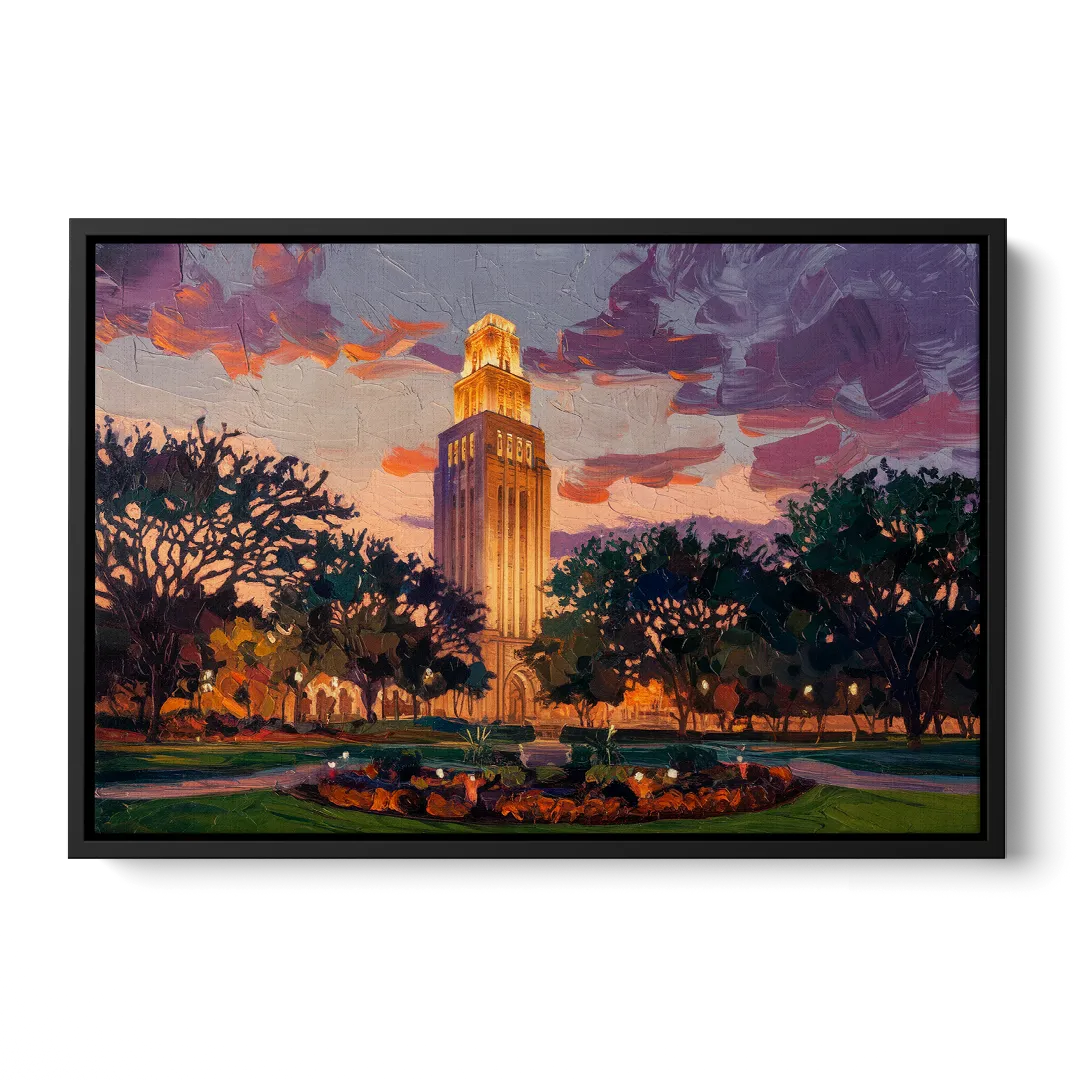 Austin Ut Tower Glow Front - Black Canvas Wall Art