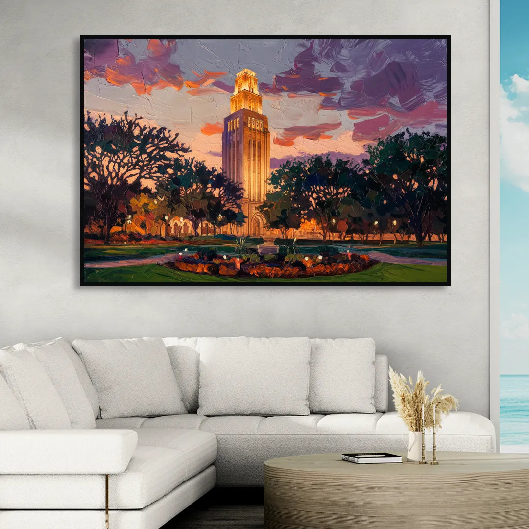 Austin Ut Tower Glow Living Room - Black Canvas Wall Art