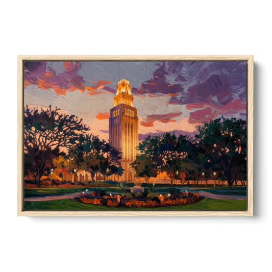 Austin Ut Tower Glow - Oak Framed Canvas Wall Art - Front