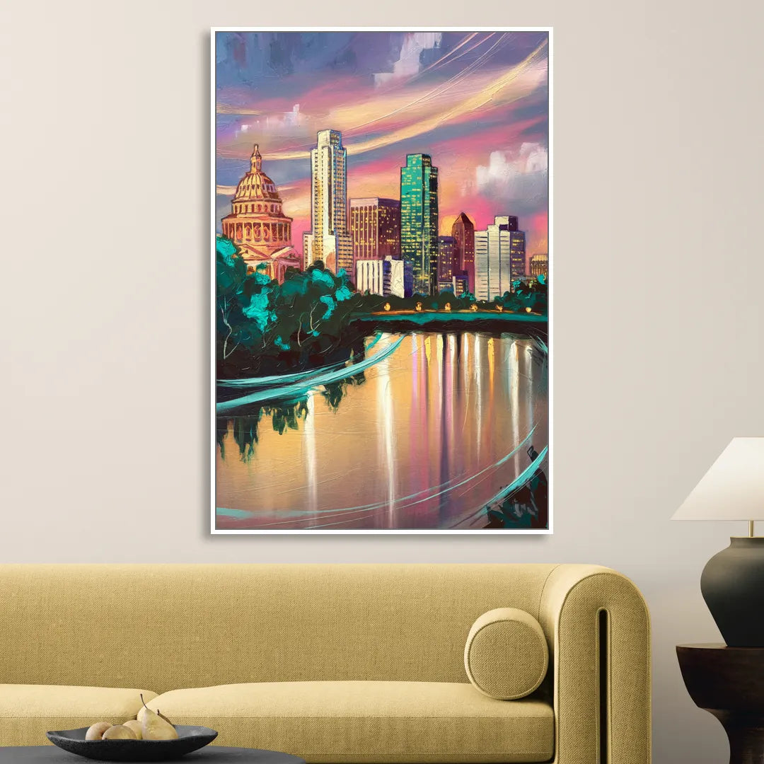 Austin Vibrant Skyline Living Room - White Canvas Wall Art