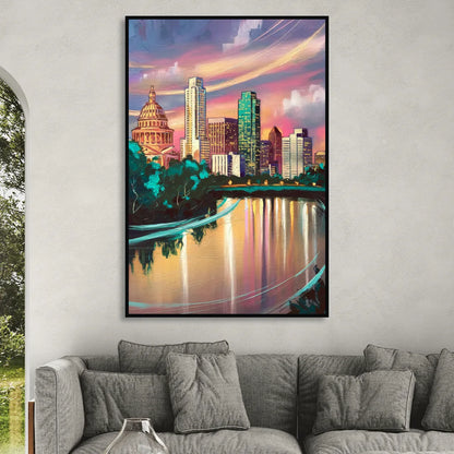 Austin Vibrant Skyline Living Room - Black Canvas Wall Art