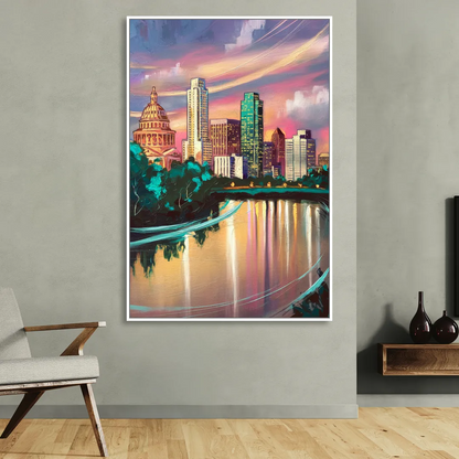 Austin Vibrant Skyline Sitting Room - White Canvas Wall Art