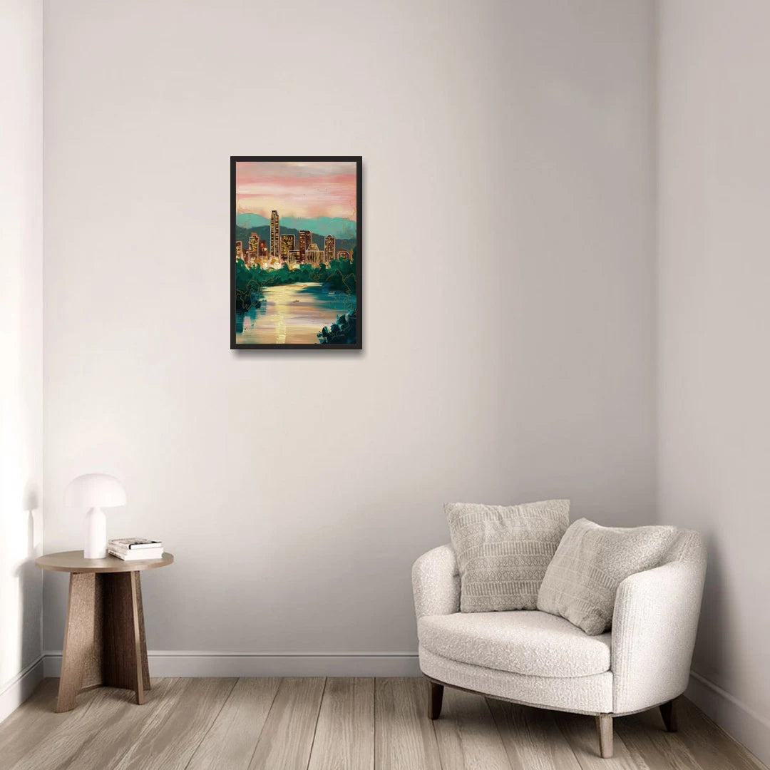 Austin Westlake Hills View - Black Framed Canvas Wall Art - Sofa - 16x24