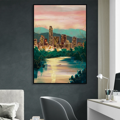 Austin Westlake Hills View Living Room - Black Canvas Wall Art