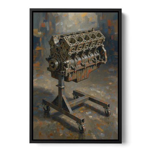 Auto Repair Shop Decor Engine Block on a Stand - Black Framed Canvas Wall Art - Front