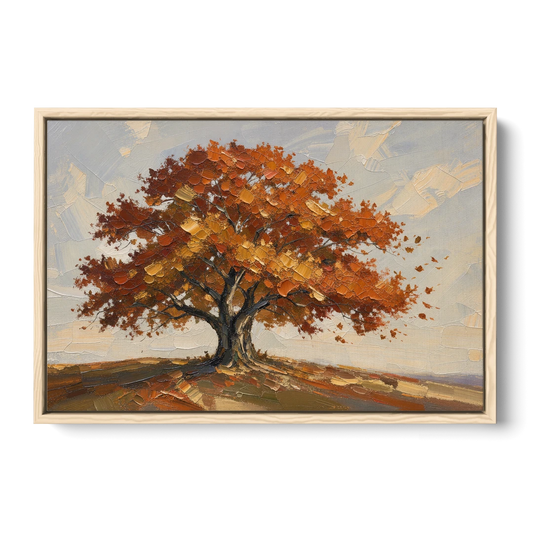 Autumn Tree Painting with Windblown Oak Leaves - Oak Framed Canvas Wall Art - Front