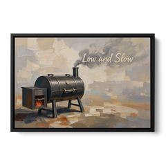 BBQ Decor Low and Slow Offset Smoker - Black Framed Canvas Wall Art - Front