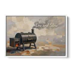 BBQ Decor Low and Slow Offset Smoker - White Framed Canvas Wall Art - Front