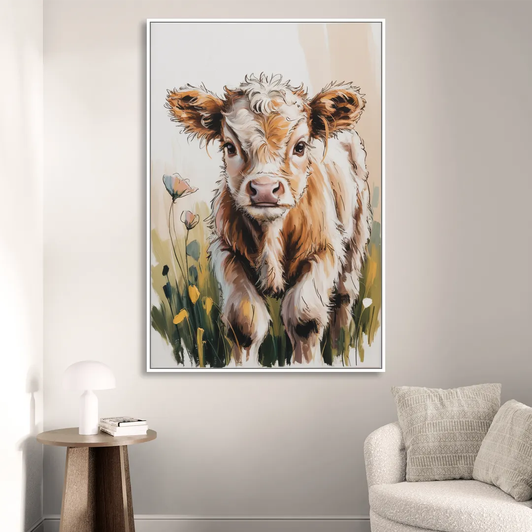 Baby Highland Calf Living Room - White Canvas Wall Art