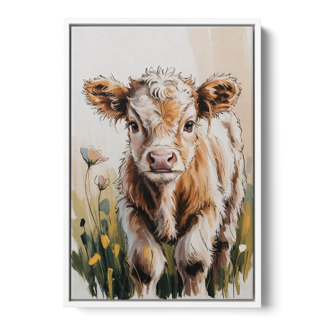 Baby Highland Calf - White Frame Canvas
