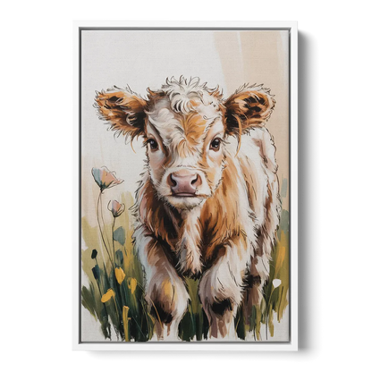Baby Highland Calf - White Frame Canvas